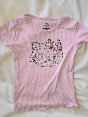 Hello Kitty Kids Girl's Pink Short-Sleeve Tee with Rhinestone Face Ribbed